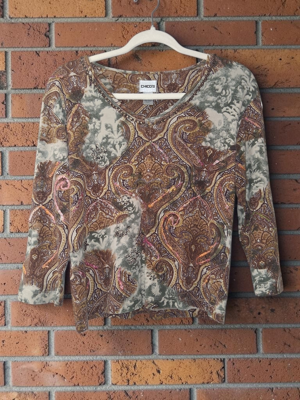 Chico's Paisley V-Neck Knit Top in Taupe and Brown